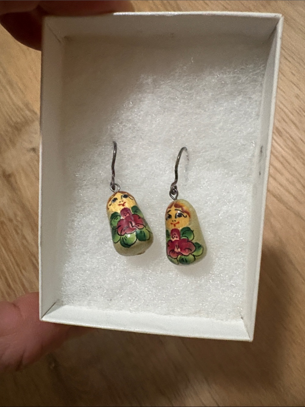 Vintage Hand-Painted Yellow Matryoshka Doll Drop Pierced Earrings